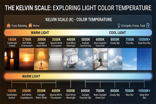 Visual showing the Kelvin scale from warm to cool light
